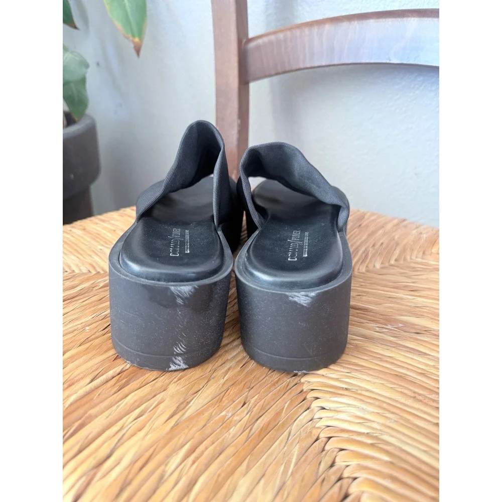 Donald Pliner Black Stretch Fabric Platform Slide Sandals Scalloped Sole Italy
